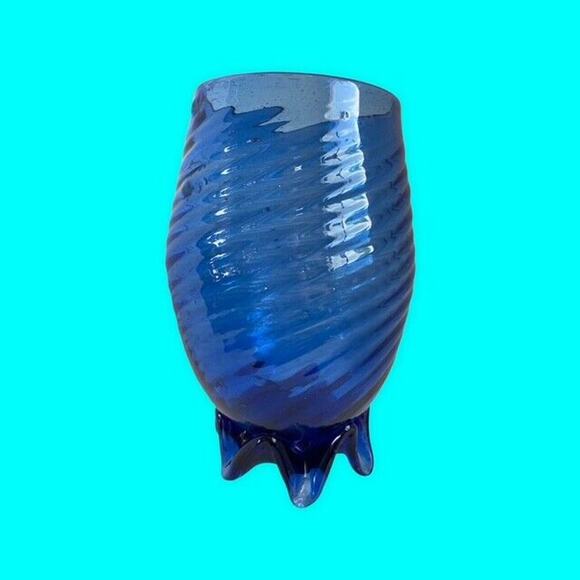 Vintage Cobalt Blue Hand Blown Footed Vase Rough Pontil Swirled Art Glass - Picture 1 of 8